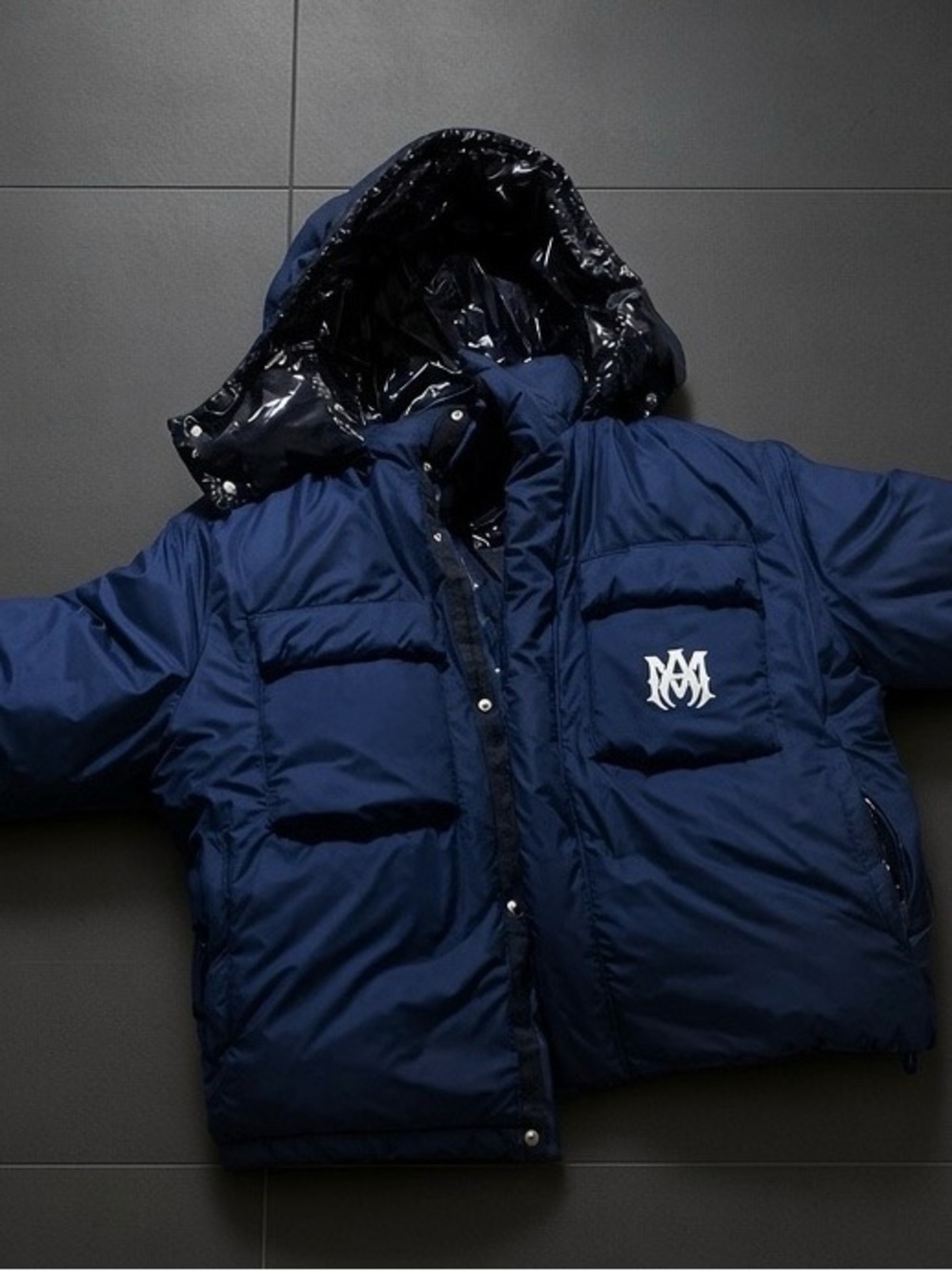 AMIRI Navy Puffer Jacket with Hood and Monogram Patch